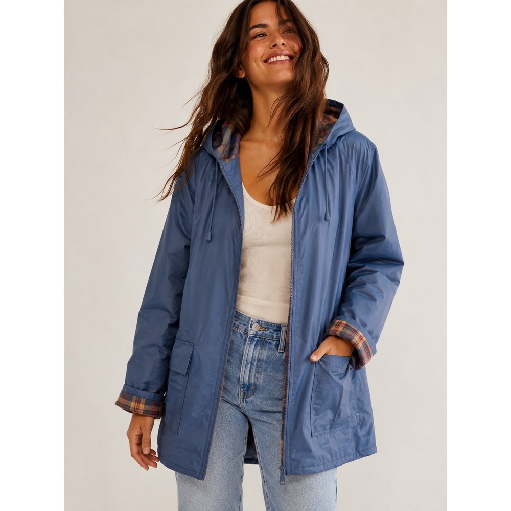 Misty Harbor Original Rain Jacket Blue Plaid Flannel Lined Hooded Womens 1XL